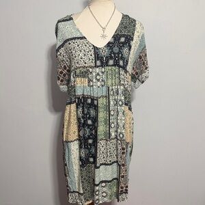 Ces Femme Patchwork Print V-Neck Dress in Blue, Green, Cream